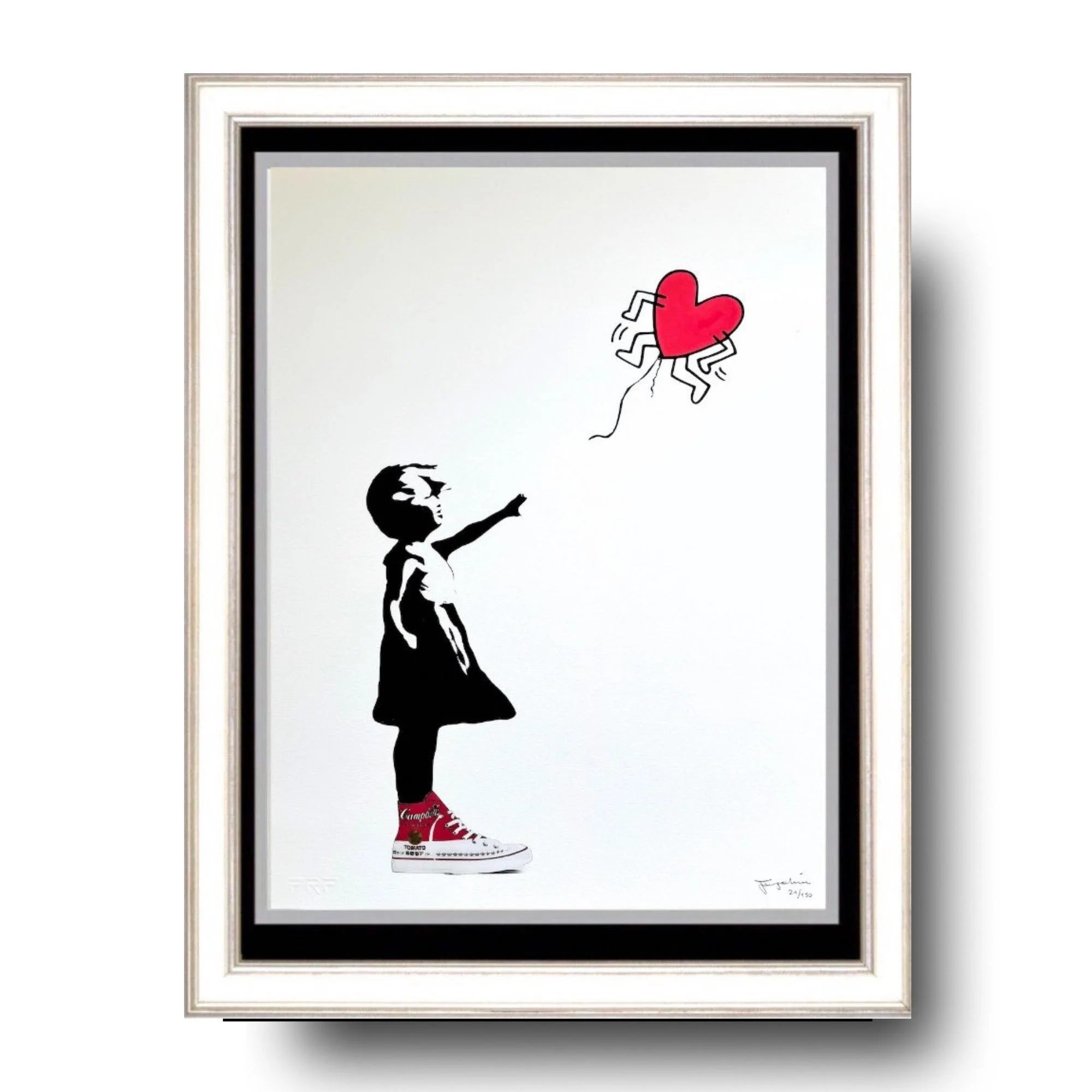 Framed artwork of a girl holding a heart-shaped balloon on a white background